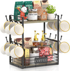 EsLuker.ly Coffee Mug Cup Holder Stand Bar Station Organizer for Countertop, Multi-Functional 2 Tier Mug Tree Rack for Kitchen, Storage Shelf with 12 Hooks, Grey Oak-Black(Patented Design)