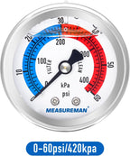 MEASUREMAN 2" Dial Size, Liquid Filled Pool Filter Pressure Gauge, 304 Stainless Steel Case, 0-60psi/420kpa,1/4" NPT Center Back Mount