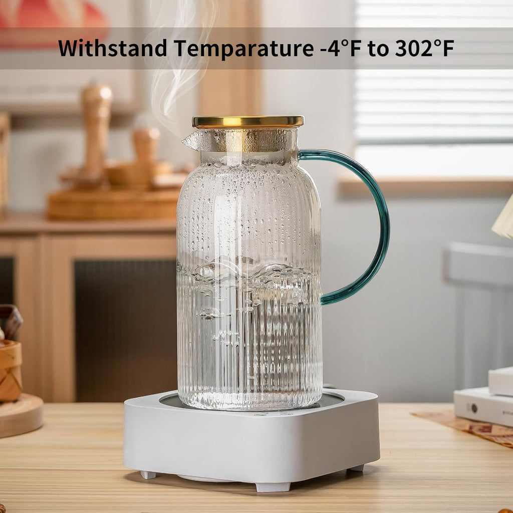 2 PACK Glass Pitcher with Lid,68 oz/ 2 Liter Vertical Stripes Water Pitcher With Green Handle,Glass Water Carafe for Cold Brew,Coffee, Lemonade, Iced Sun Tea,Beverage,Milk Heat Resistant