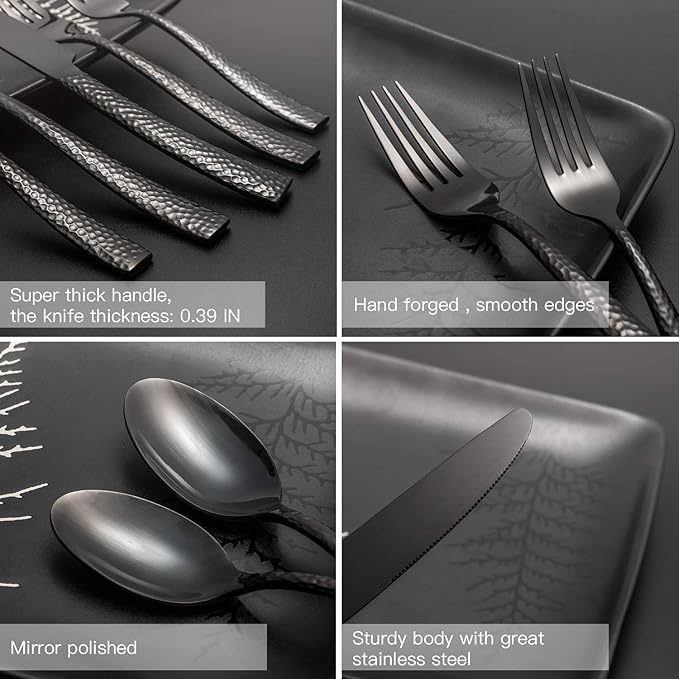 Flatware Set Silverware Set 20 Pieces Mirror Finished Black Stainless Steel Cutlery Set Forged with Hammered Handle Service for 4