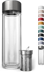 Glass Multi Tea Infuser Bottle 14oz - Double Wall Borosilicate Glass Flask | No Plastic Touches Contents | Perfect for Office or Home