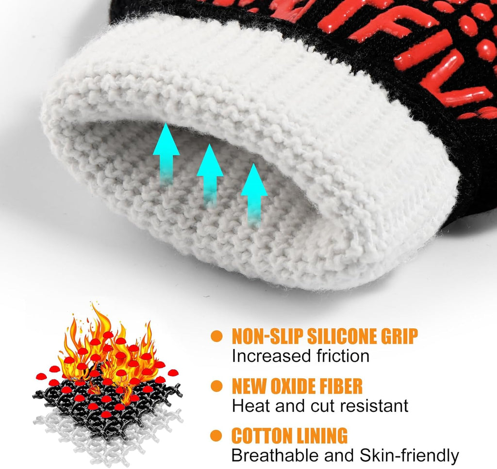 BBQ Gloves, Oven Gloves, 1472°F Extreme Heat Resistant Barbecue Gloves, Silicone Non-Slip Oven Mitts, Kitchen Gloves for Cooking, Grilling, and Baking (Red)