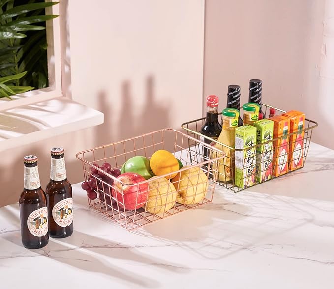 Wire Kitchen Storage Basket 4 Packs,Perfect Pantry Organization Accessories Basket,Laundry Basket,Countertop Organization, Suitable for Kitchen,Bathroom,Bedroom,Tabletop,Stackable,Bronze