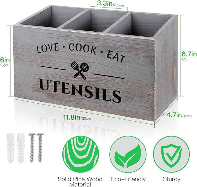 Utensil Holder with 3 Compartments, Rustic Wood Utensil Caddy Crocks for Kitchen Counter, Farmhouse Flatware Organizer Storage Box for Silverware Fork Spoon Spatula