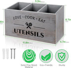 Utensil Holder with 3 Compartments, Rustic Wood Utensil Caddy Crocks for Kitchen Counter, Farmhouse Flatware Organizer Storage Box for Silverware Fork Spoon Spatula