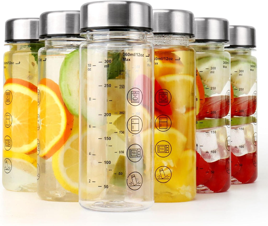 6 Pack Juice Bottles with Caps - Wide Mouth Resuable Clear Plastic Water Bottles for Juicing,Smoothie,Protein, Beverage,Storage Containers,BPA Free,Leakproof Stainless Steel Lid(12 Ounces)