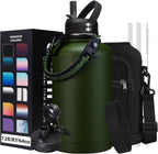 64oz Insulated Water Bottle with Straw & Auto Spout Lid - (Cold 48H & Hot 24H) Half Gallon Stainless Steel Water Jug with Paracord Handle, Metal Tactical Military Water Flask with Carrier Strap Bag