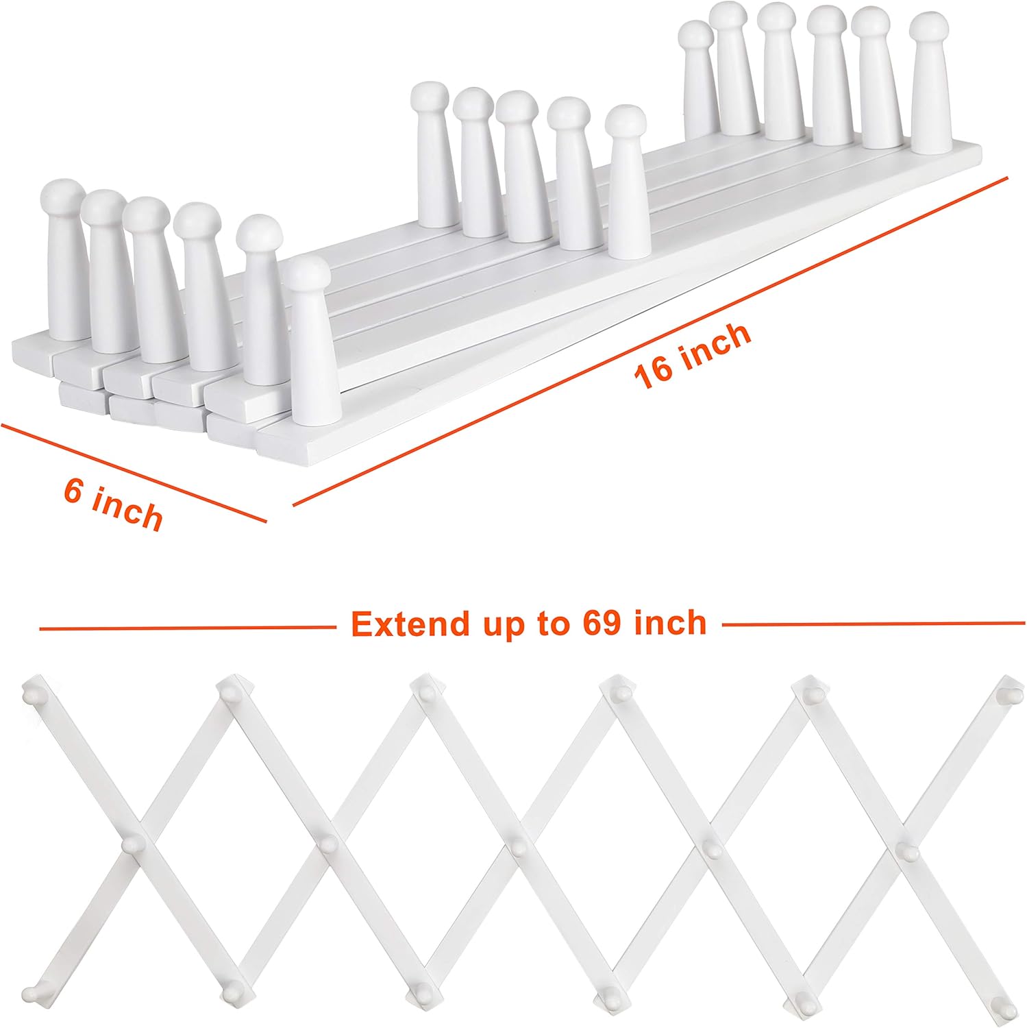 Dseap Accordian Wall Hanger: 16” High Wooden Wall Expandable Coat Rack, Hat Rack Holder, Accordion Hook for Baseball Caps, Coats, Mugs, 17 Peg Hooks, White