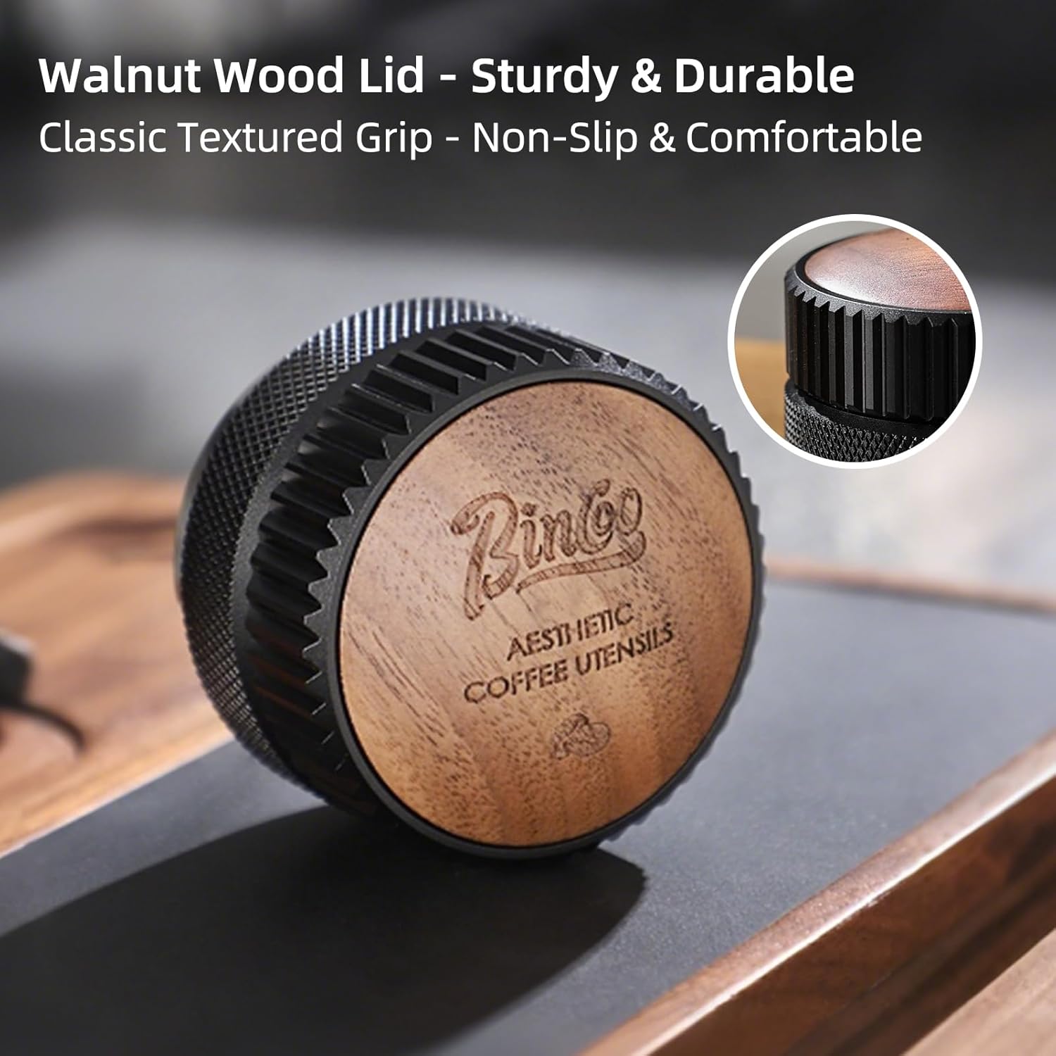 Bincoo 51mm Espresso Distributor Hand Tamper - Adjustable Coffee Leveler Tool for 51mm Portafilter, Walnut Wood Lid, 3-Slope Base Adjustable Depth Espresso Distributor for Barista