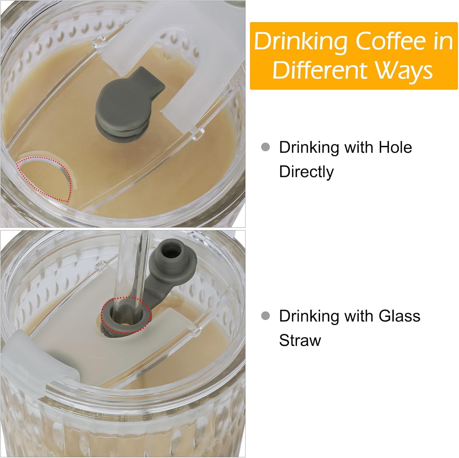 2 Pack Glass Tumblers with Lids and Straws 18oz: Leak-Proof Drinking Glasses with Airtight Lid, Stylish Water Ripple Design, Reusable Glass Iced Coffee Cups for Cold Drinks, Car Holder Fit