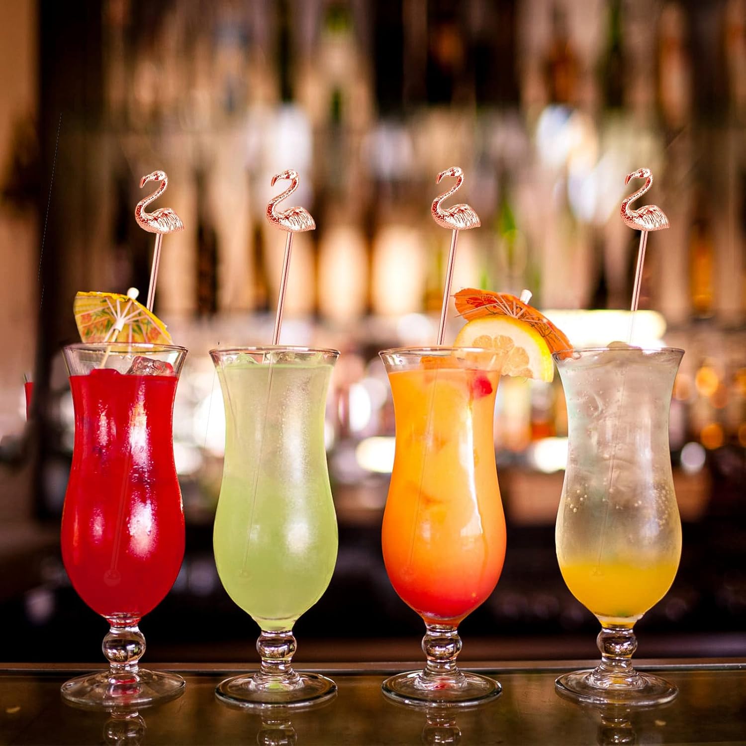 4 Pcs Flamingo Cocktail Stirrers Swizzle Sticks Stainless Steel 7.28" Coffee Stir Sticks with Decor Top for Mixing Cocktail, Hot Cocoa, Creamer, Rose Gold