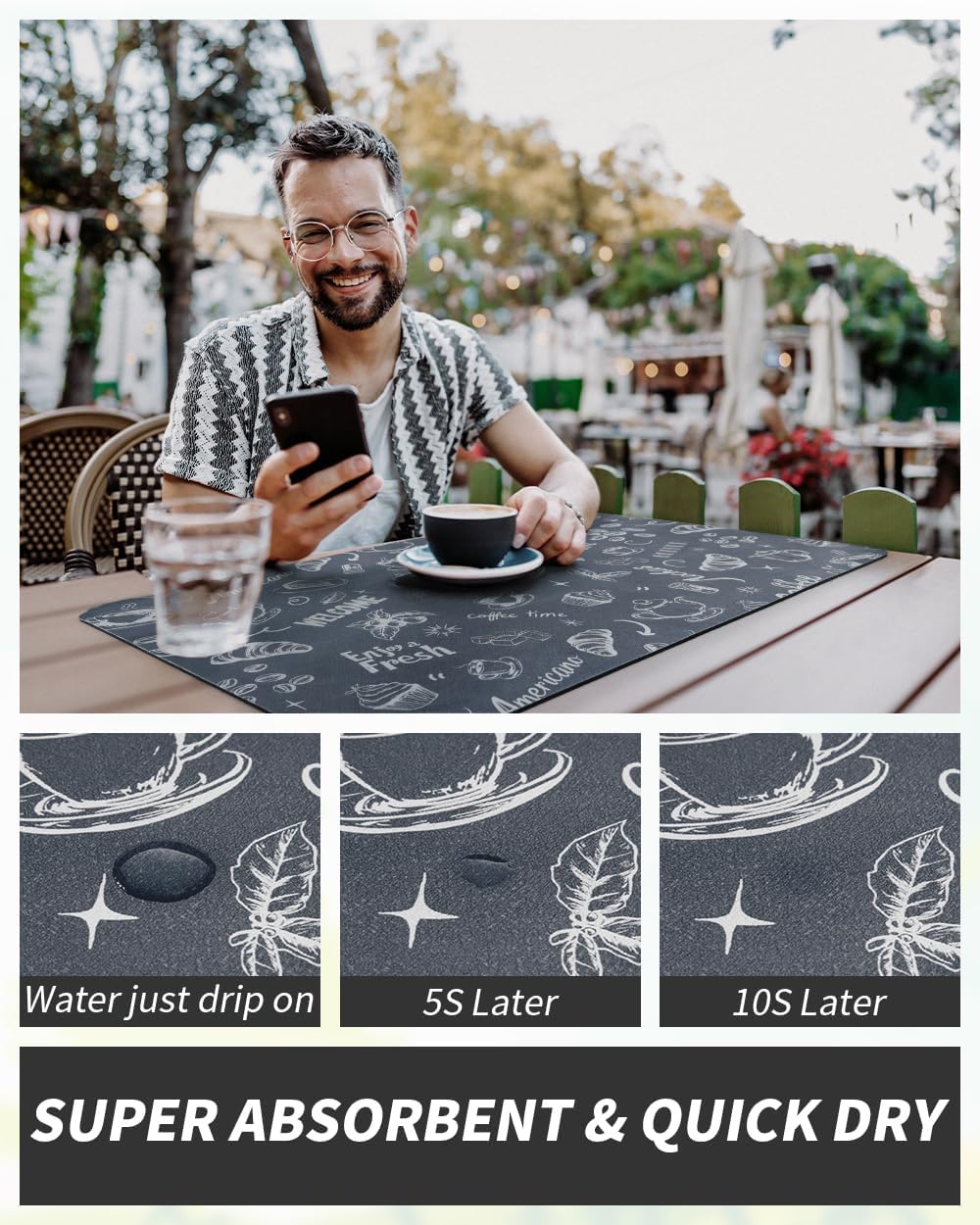 AMOAMI Coffee Mat Hide Stain Rubber Backed Absorbent Dish Drying Mat for Kitchen Counter - Fits Under Coffee Maker & Machine - Dust Blue (17X31.5)