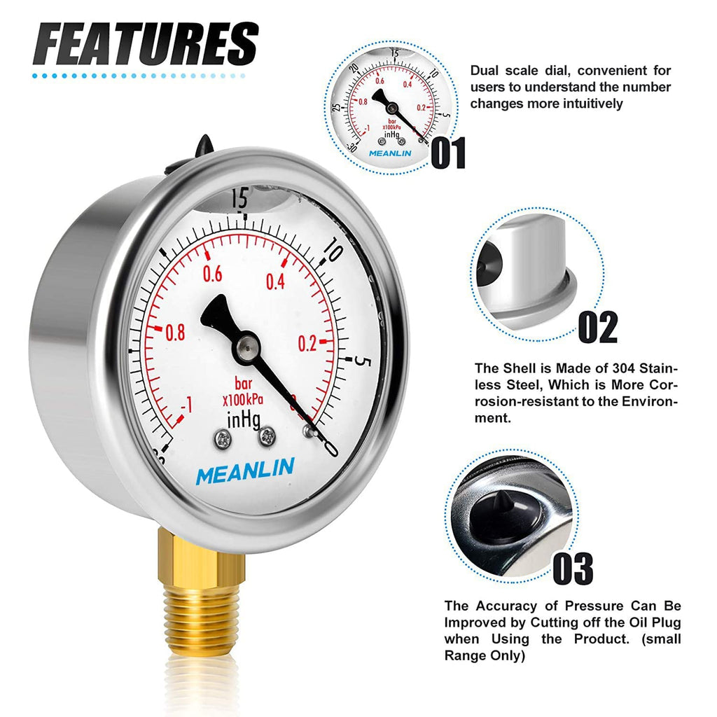 MEANLIN MEASURE -30inHG~0Psi Stainless Steel 1/4" NPT 2.5" FACE DIAL Vacuum Pressure Gauge, Lower Mount (Pack of 2), with 1/2" NPT and 3/8" NPT Hex Bushing