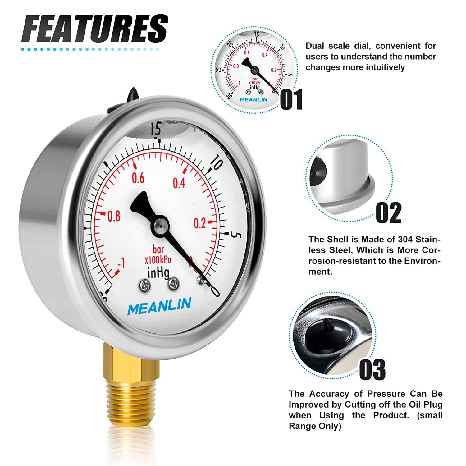 MEANLIN MEASURE -30inHG~0Psi Stainless Steel 1/4" NPT 2.5" FACE DIAL Vacuum Pressure Gauge, Lower Mount (Pack of 2), with 1/2" NPT and 3/8" NPT Hex Bushing
