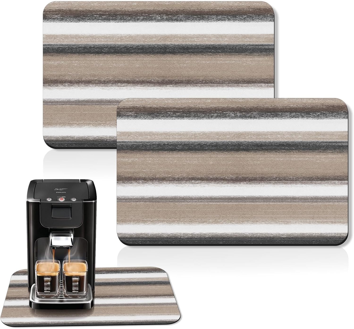 Arttown Coffee Mat for Countertops, Striped Abstract Tan Gray Retro Dish Drying Mat 2 Pcs for Kitchen Bar Accessories, Fit Under Coffee Maker Espresso Machine Dish Rack Hide Stain Rubber 12x19in