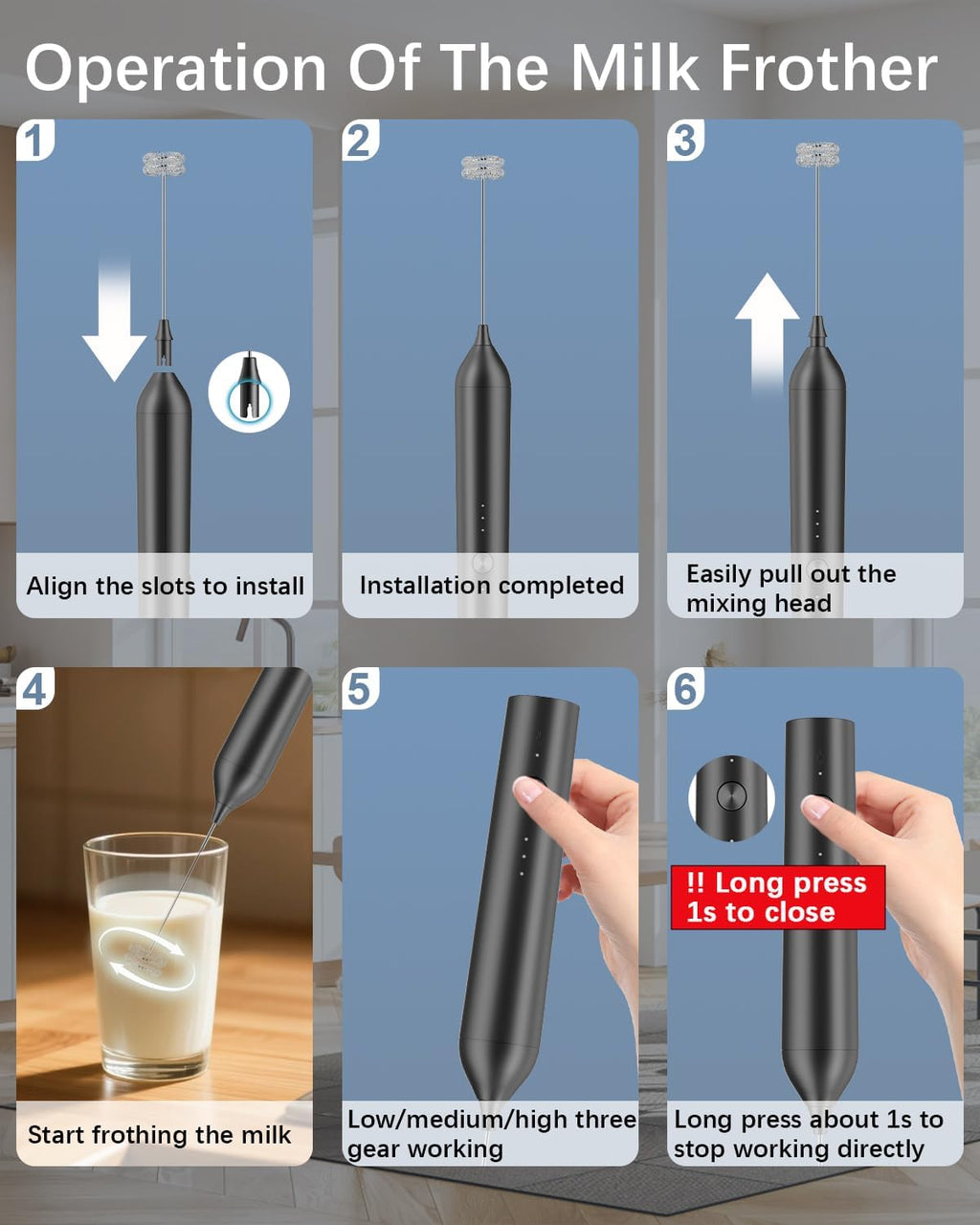 Rechargeable Milk Frother with Stand, Electric Frother Wand Handheld Coffee Foam Maker Detachable Stainless Steel Whisk Drink Mixer Foamer for Latte, Cappuccino, Hot Chocolate, Egg (Black)