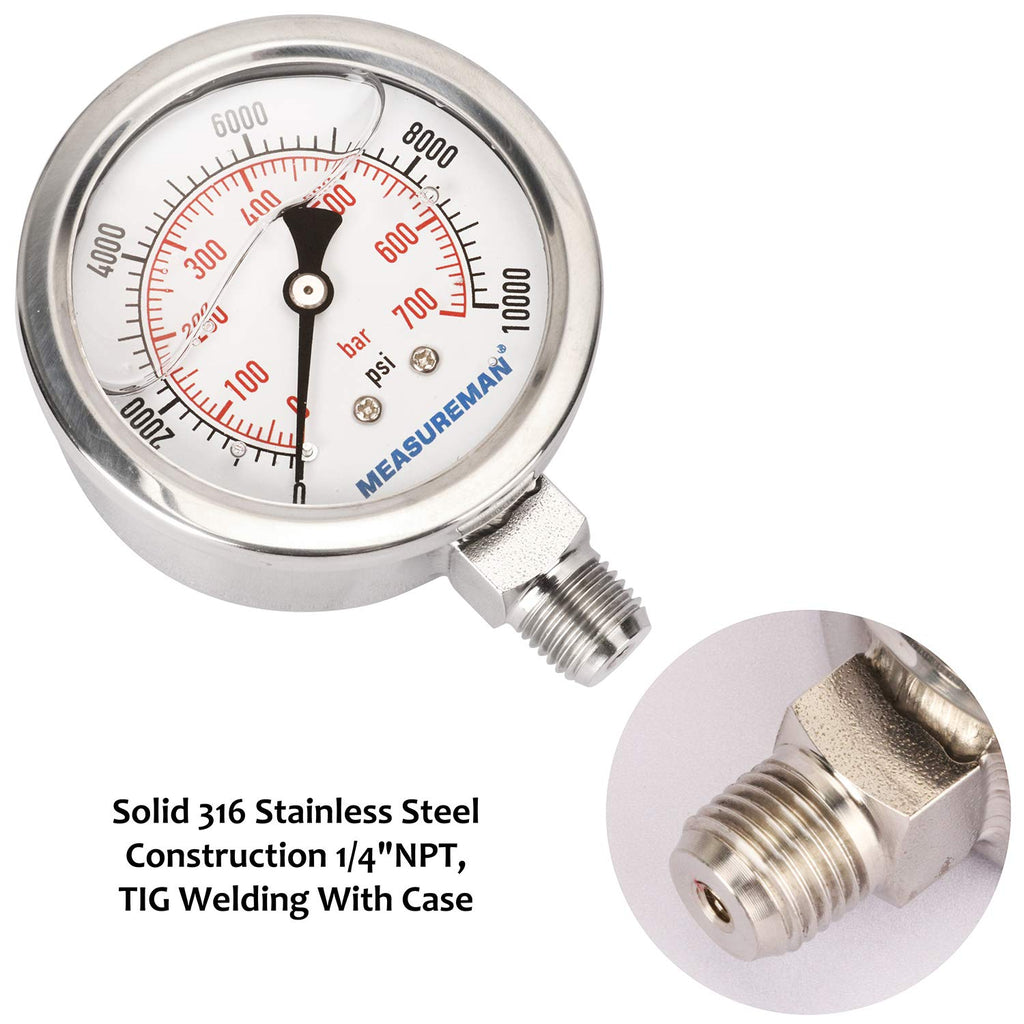 MEASUREMAN 2-1/2" dial,Glycerin Filled Hydraulics Pressure Gauge Stainless Steel case, 316 SS Wetted Part, 0-10000psi/bar1/4 NPT,Lower Mount
