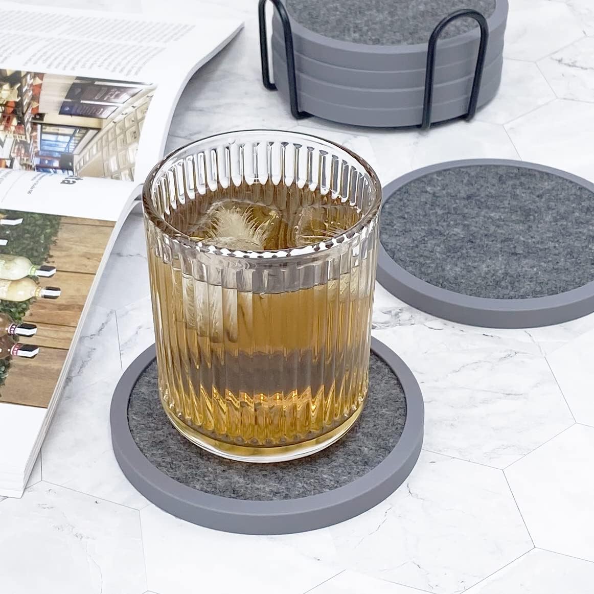 Absorbent Coasters for Drinks with Holder - 6packs, Silicone Coaster with Soft Felt Insert (4.3 inch Coasters with 4.5 inch Holder, t, Black and Gray)