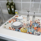 Giwawa Fall Dish Drying Mat for Kitchen Countertop, Watercolor Autumn Teal Blue Orange Pumpkins Floral Dish Drainer Mats, Thanksgiving Harvest Absorbent Dish Drying Pad Decor, 18x24 inch Large
