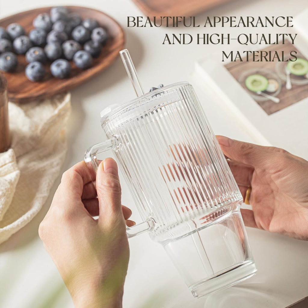 KEMORELA 6-Pack 24oz Glass Cups with Lids and Straws, Ribbed Textured Tumblers with Handle, Reusable Clear Drinking Glasses for Iced Coffee, Bubble Tea, Dishwasher Safe, Drinkware Set