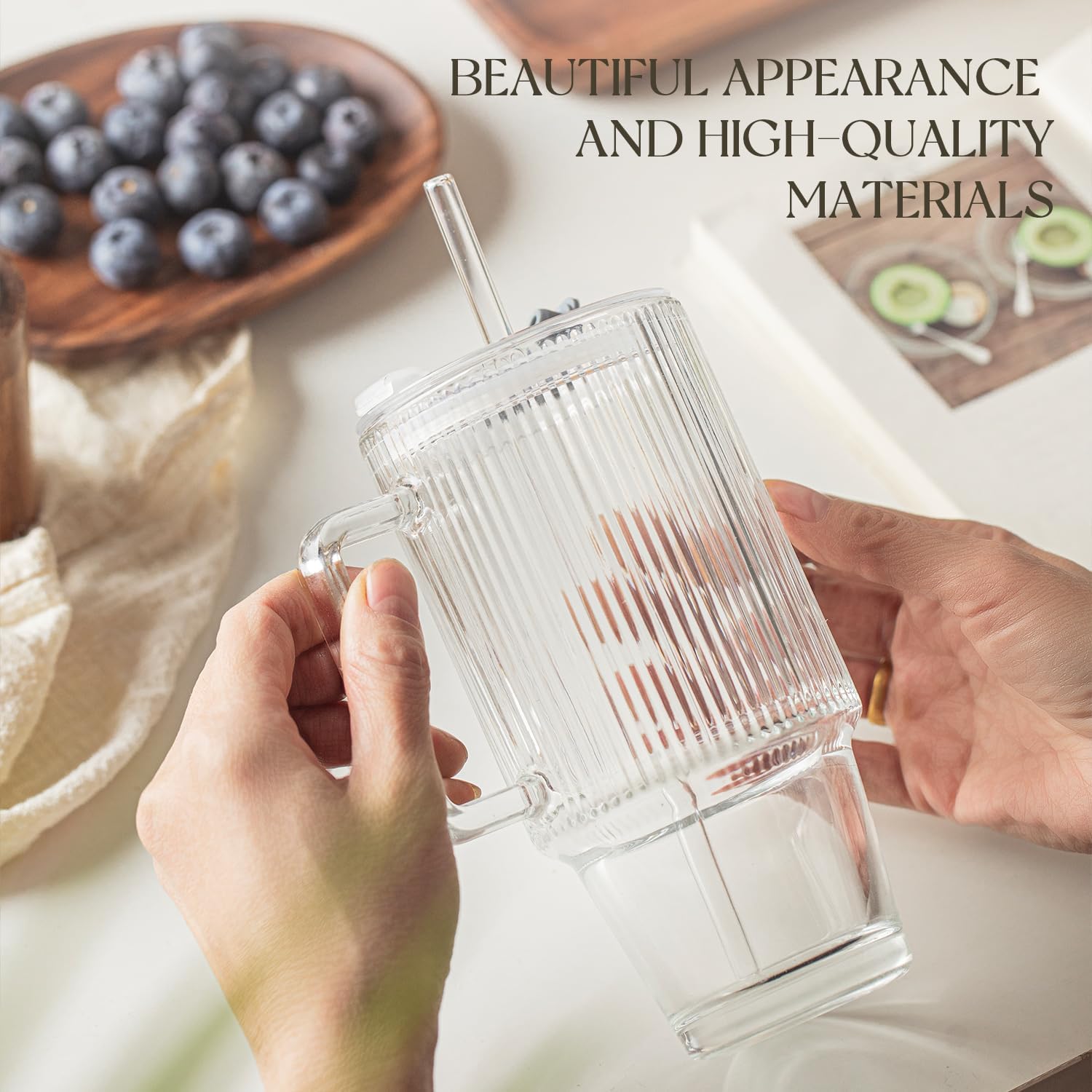 KEMORELA 2-Pack 24 Oz Ribbed Glass Tumblers with Lids and Straws, Handle Iced Coffee Cups, Clear Reusable Drinkware for Smoothies, Cold Beverages - Dishwasher Safe