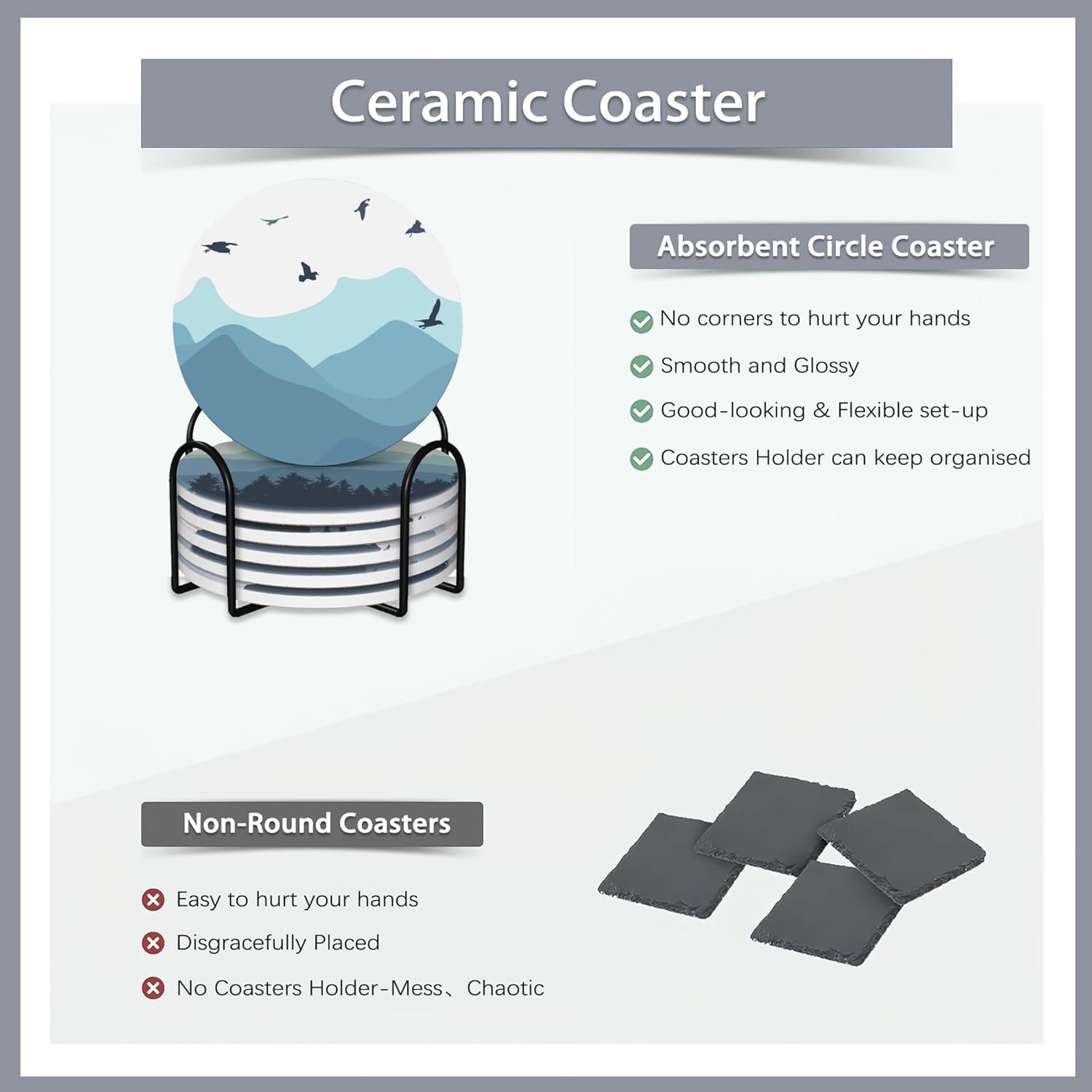 Drink Coasters Set of 6 with Holder,Misty Forest Mountains and Birds Absorbent Ceramic Coasters with Cork Base,Fit All Cups,Tabletop Protection Mat for Mugs and Cups,Office,Kitchen