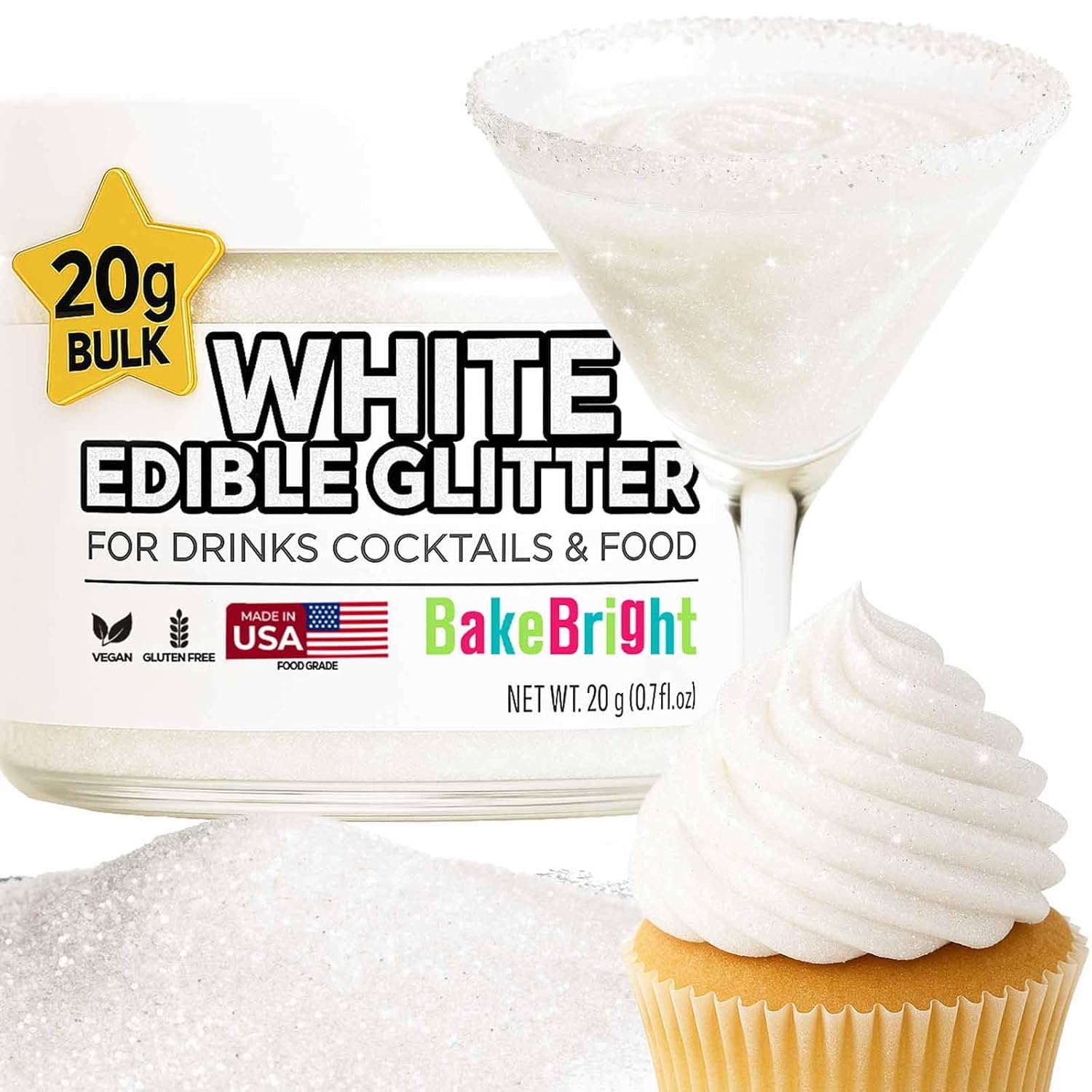 Bulk 20g White Edible Glitter for Drinks | Premium Edible Glitter for Cakes, Cocktails, White Cake Decorating Decorations Food Grade, Vegan, Kosher, Halal, Gluten Free - Made in USA