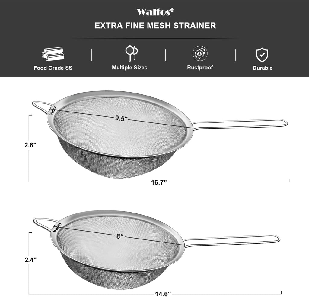 Walfos Large Fine Mesh Strainer 9.5" & 8", Stainless Steel Mesh Sieve with Sturdy Handle, Kitchen Metal Food Strainers for Quinoa, Rice, Pasta, Fruits, Vegetables, etc., Set of 2