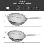 Walfos Large Fine Mesh Strainer 9.5" & 8", Stainless Steel Mesh Sieve with Sturdy Handle, Kitchen Metal Food Strainers for Quinoa, Rice, Pasta, Fruits, Vegetables, etc., Set of 2