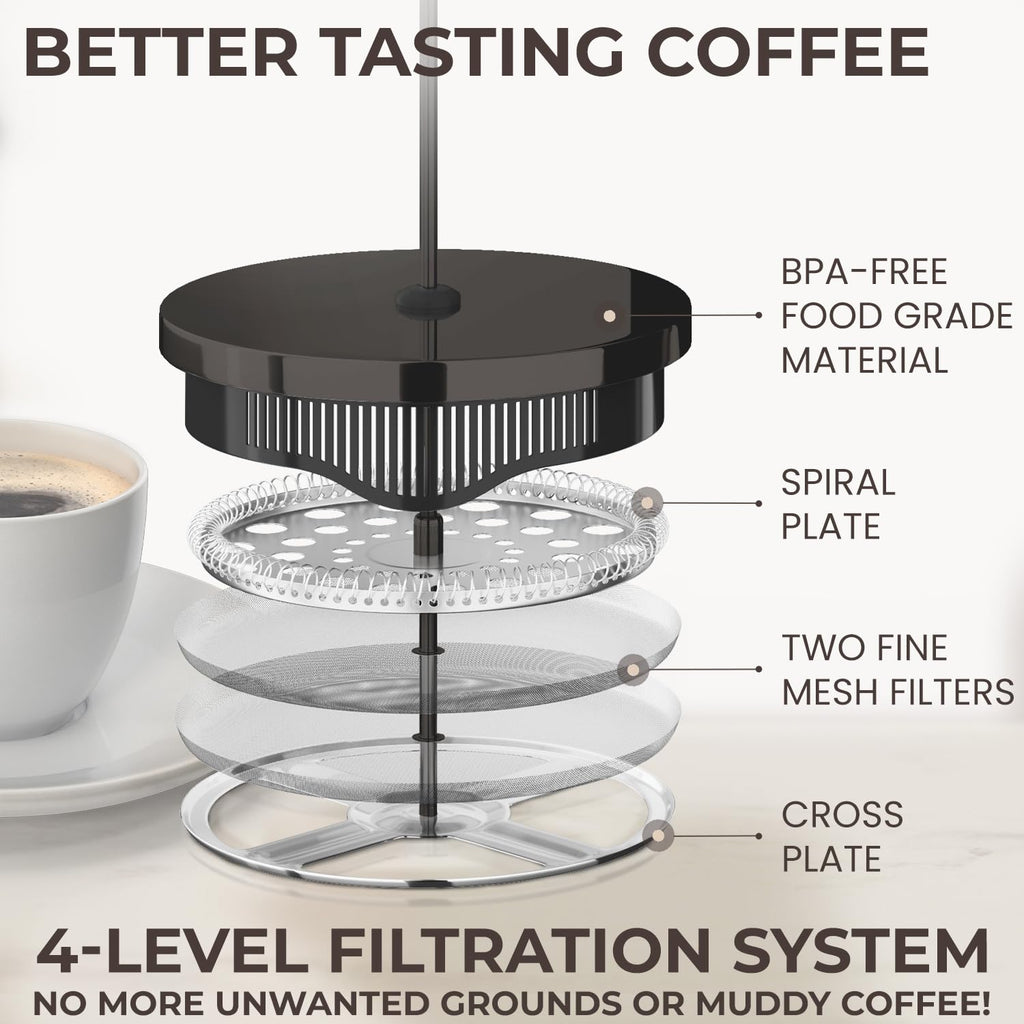 Cafe Du Chateau Stainless Steel French Press Coffee Maker - 34oz Insulated Coffee Press with 4-Level Filtration, BPA Free, Durable Glass, Great for Tea
