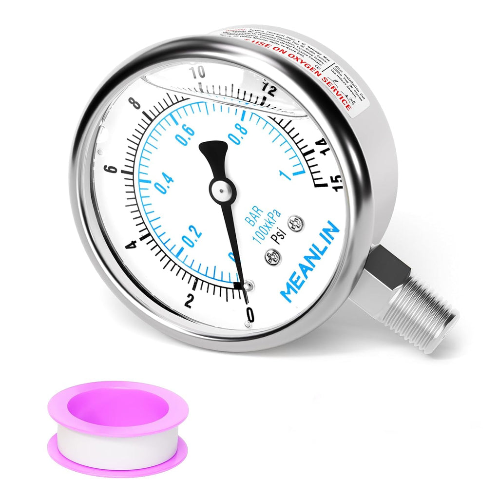 MEANLIN MEASURE 0~15Psi Liquid Filled Pressure Gauge Stainless Steel with 316 Stainless Steel Joint 1/4" NPT 2.5" FACE DIAL for Water Oil Air Well Pump Tank Tire Pressure Test Lower Mount