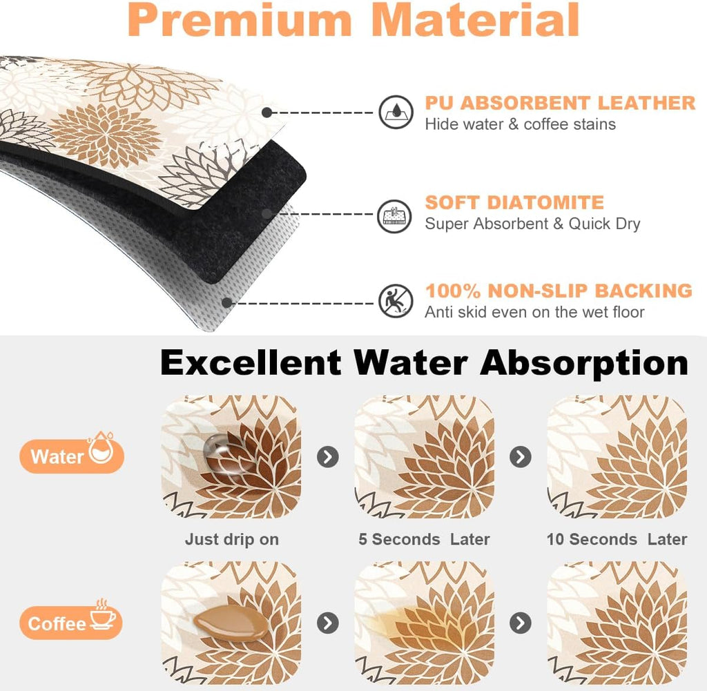 Findosom 2PCS 12" x 20" Dish Drying Mat & 24" x 5.5" Sink Splash Guard, Super Absorbent & Cuttable Dish Mat Drying Kitchen Mat with Brown Floral, Hide Stain Drying Mat for Kitchen Counter