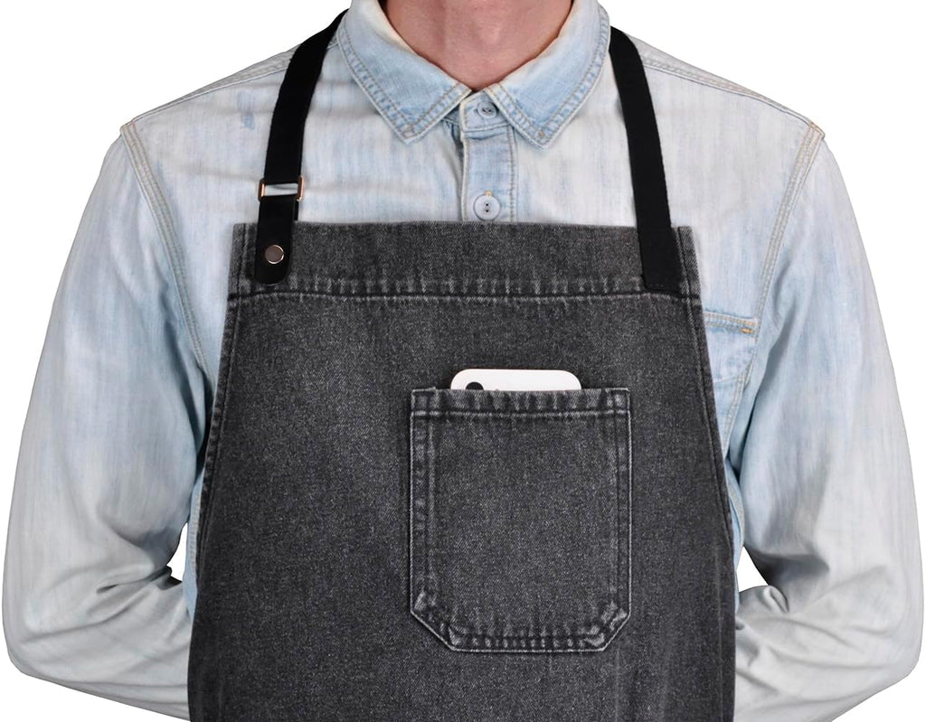 Cooking Apron with Pockets Mens Womens Professional Kitchen Bib Apron for Chef Grill BBQ (Black Denim -2)