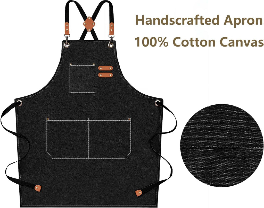 AFUN Chef Aprons for Men Women with Large Pockets, Cotton Canvas Cross Back Heavy Duty Adjustable Work Apron, Size M to XXL (Black)