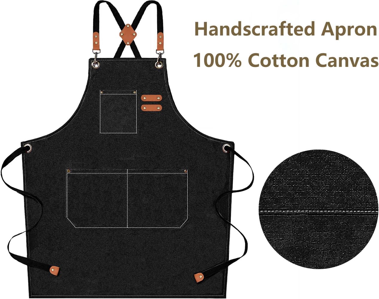 AFUN Chef Aprons for Men Women with Large Pockets, Cotton Canvas Cross Back Heavy Duty Adjustable Work Apron, Size M to XXL (Black)