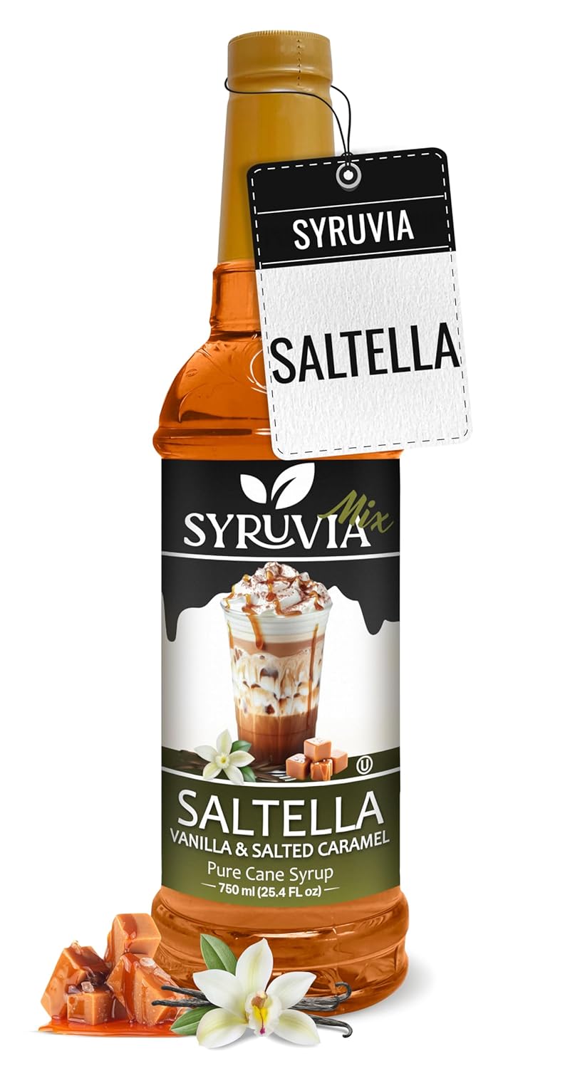 Syruvia SALTELLA Coffee Syrup Vanilla Salted Caramel - 25.4 fl oz - Kosher Coffee Syrups, Gluten Free, No Coloring, Perfect for Drinks, Soda, Shakes, Desserts, and More.