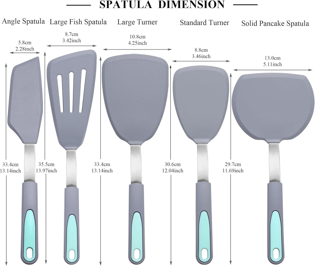 To encounter 5 Pieces Silicone Spatula Set, Non-Stick Silicone Turner Spatulas, Heat Resistance Cooking Utensils, Flip Turner for Fish, Egg, Pancake, Light Grey