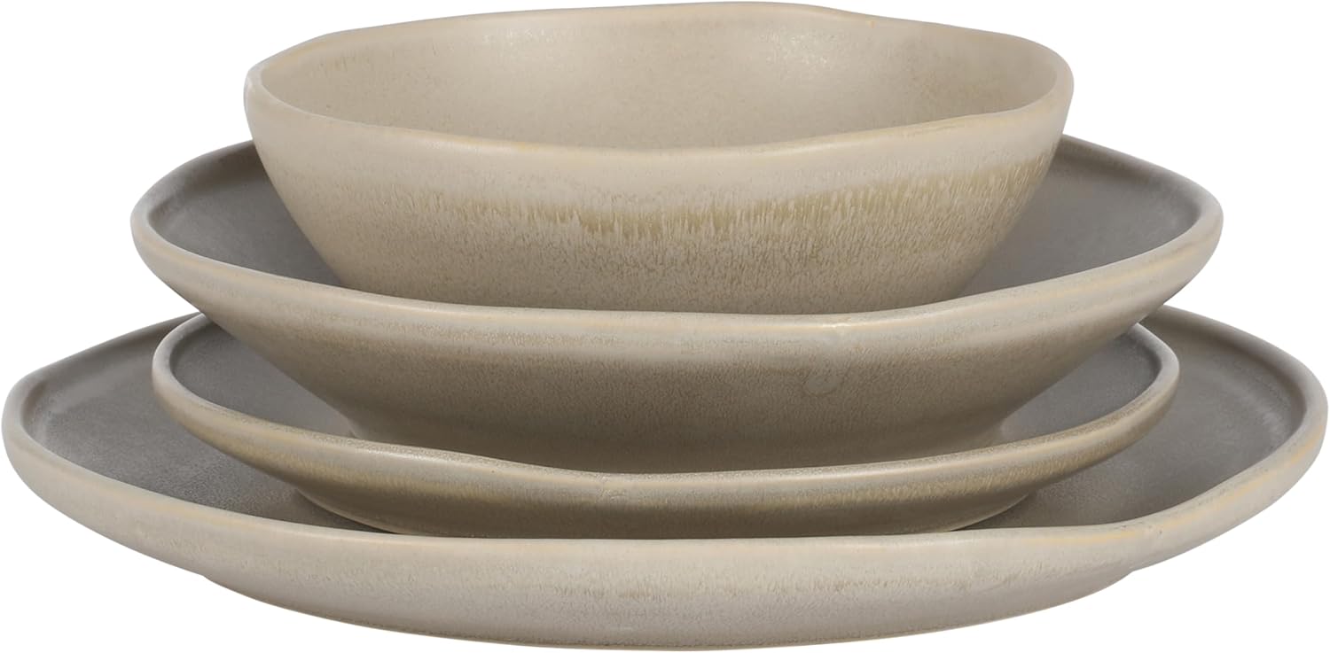 Gibson Elite Island Cove 16 Piece (Service for 4) Plates and Bowls Reactive Glaze Organic Round Dishes Stoneware Ceramic Dinnerware Set -Light Grey
