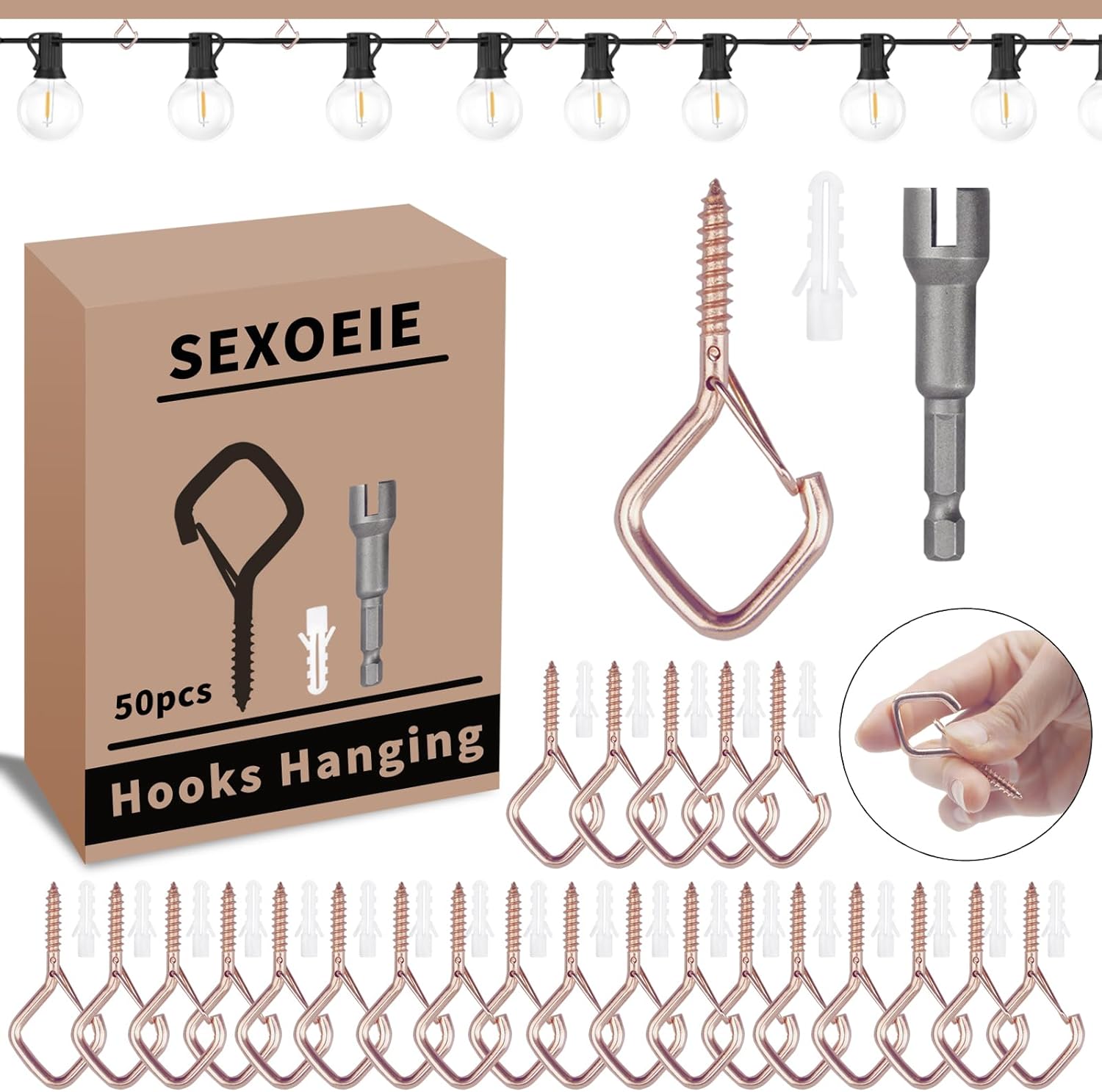 50 PCS Rose Gold Eye Screw Hooks for Hanging Heavy Duty with Safety Buckle.Metal Ceiling Hooks for Hanging Plants Cup Wind Chime Bird Feeders Patio Lights at Indoor&Outdoor