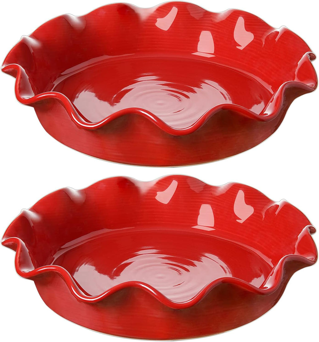 LE TAUCI Ceramic Pie Pans for Baking, 11 Inches Deep Dish Pie Plate for Apple Pie, 48 Ounce Baking Dish with Ruffled Edge, Set of 2, Red