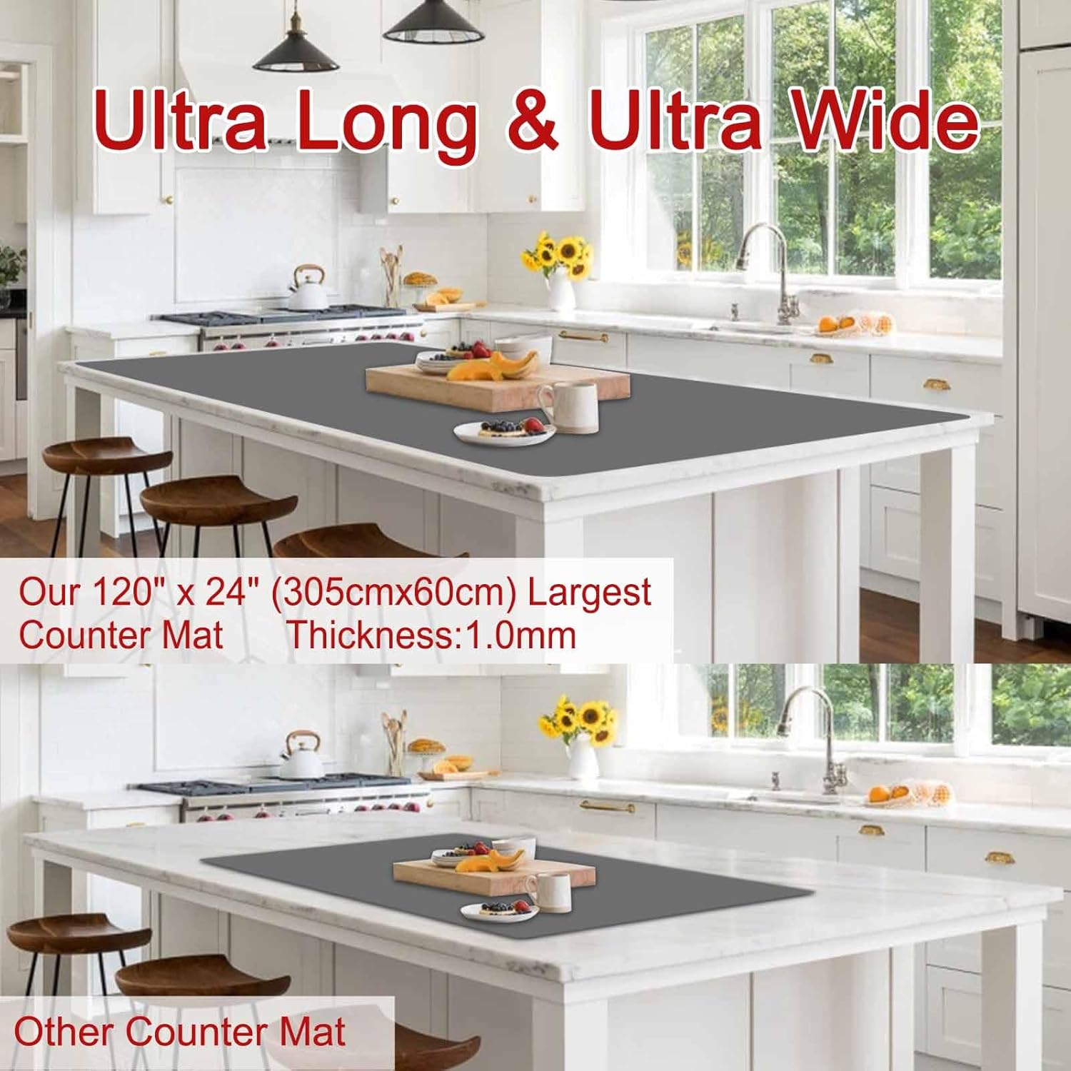 Largest Silicone Mats for Kitchen Counter, 120" x 24" Extra Large Heat Resistant Counter Mat, Kitchen Island Waterproof Thicken Non-Slip Countertop Protector Mat, Multipurpose Mat, Semitransparent