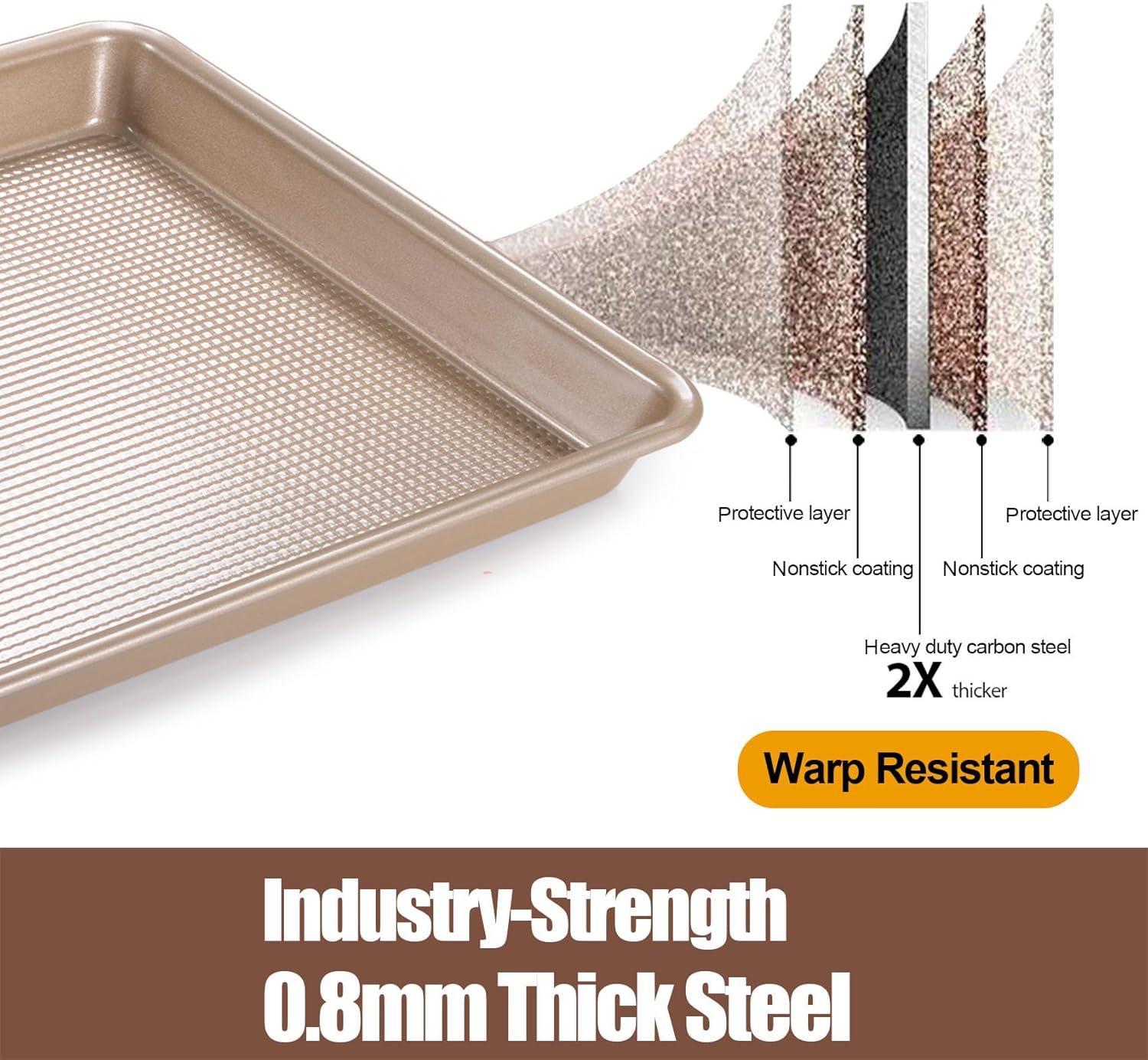 2 Pack Jelly Roll Pan 15x10 Inch, Diamond Texture Nonstick Cookie Sheet, 0.8mm Thick Heavy Duty Steel Baking Tray, Commercial Gold Baking Pans