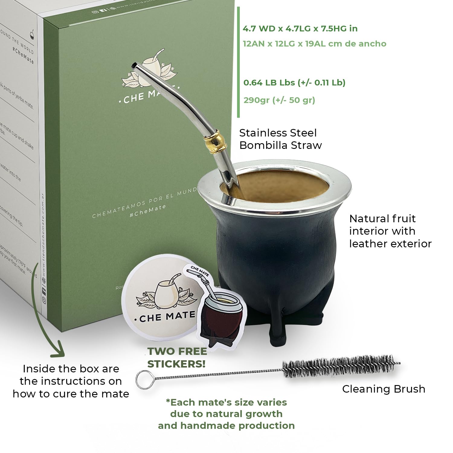 Premium Argentina-Uruguay Yerba Mate Cup and Bombilla Set, Organic Gourd Tea Mug with Steel Straw (Bombilla) and Cleaning Brush, Handcrafted for Loose Leaf Yerba Mate Tea - Camionero Version