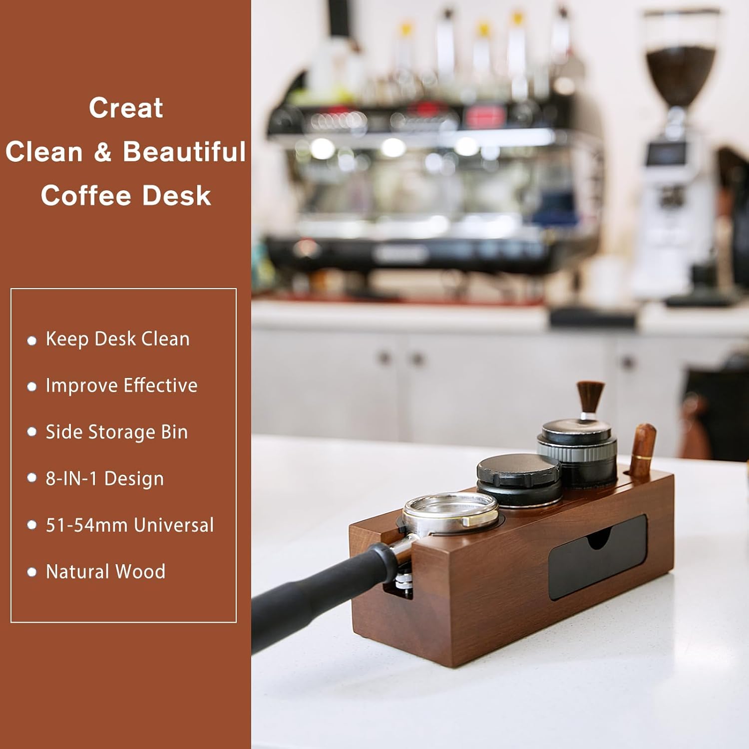 54mm Espresso Tamping Station - 8 in 1 Espresso Organizer for Storage 51/53/54mm Coffee Tamper, Distributor, Portafilter & Puck Screen Accessories, Wooden Tamper Station