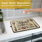 Dish Drying Mat The Kitchen is The Heart of The Home, 18x24 inch Large Absorbent Farmhouse Vintage Coffee Cooking Set Drainer Mat Dish Pad Protector for Countertops Home Office Cafe Accessory