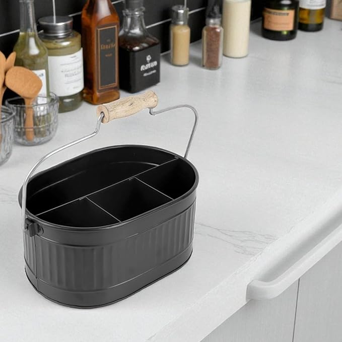 Alpha Living Home 4-Compartment Flatware Caddy - Metal Cutlery Holder Silverware & Condiment Organizer, Perfect for Kitchen, Dining, and Picnics (Black)