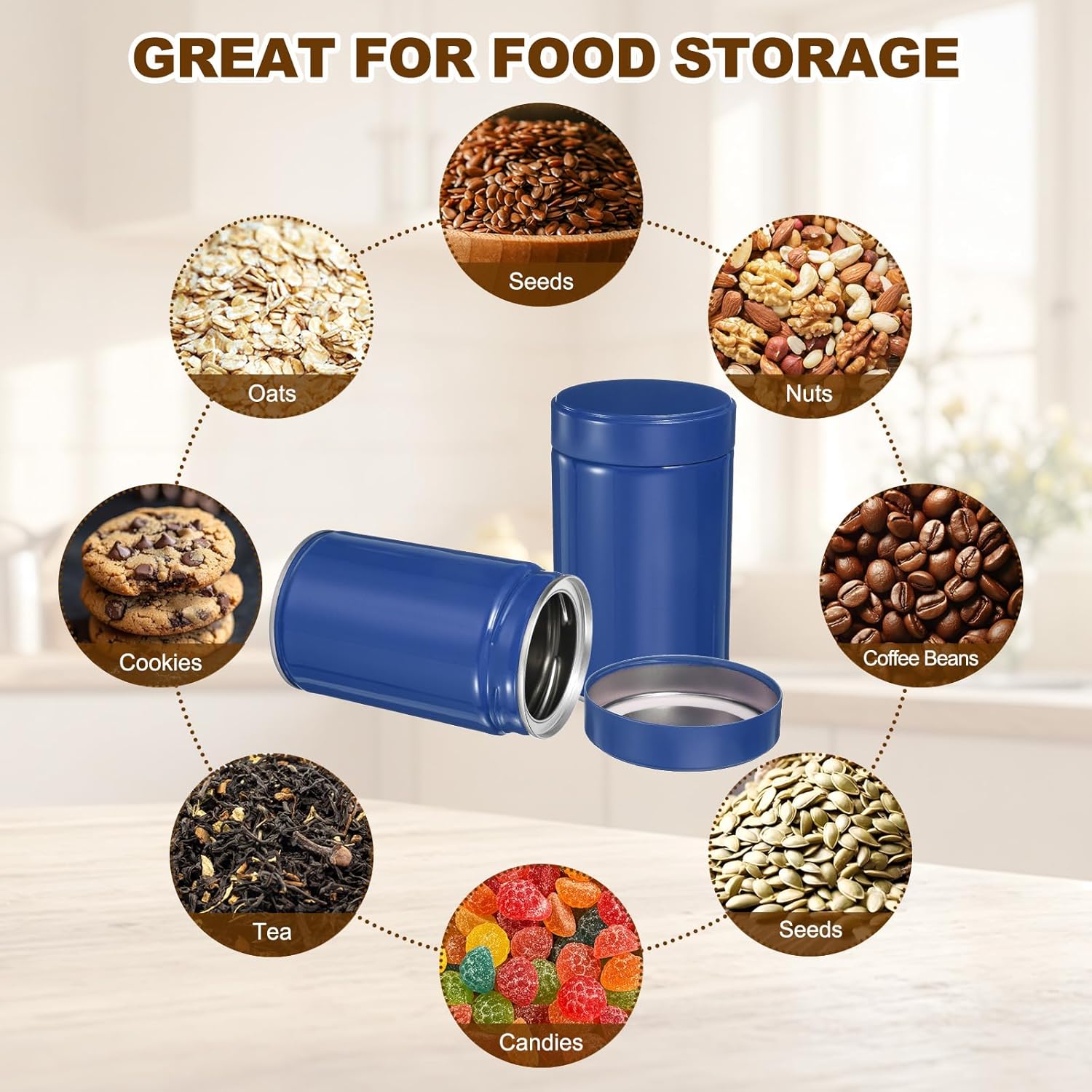 uxcell 2Pcs Round Tea Canisters, 5" x 3" Airtight Metal Tea Containers for Loose Tea, Coffee Beans, Spices - Durable, Compact, and Stylish Storage Tea Tin (Blue)