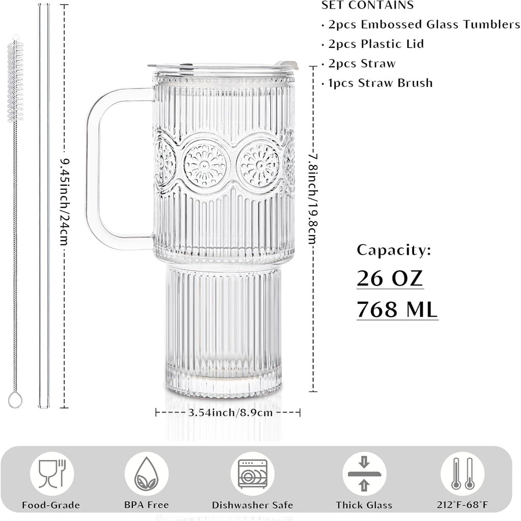 INSETLAN 26oz Ribbed & Floral Glass Tumblers with Handle and Lid, Set of 2 –Reusable Iced Coffee Cups with Straw, Glass Mugs for Water, Smoothies, Tea, and Juice – Ideal for Travel & Daily Use