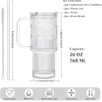 INSETLAN 26oz Ribbed & Floral Glass Tumblers with Handle and Lid, Set of 2 –Reusable Iced Coffee Cups with Straw, Glass Mugs for Water, Smoothies, Tea, and Juice – Ideal for Travel & Daily Use