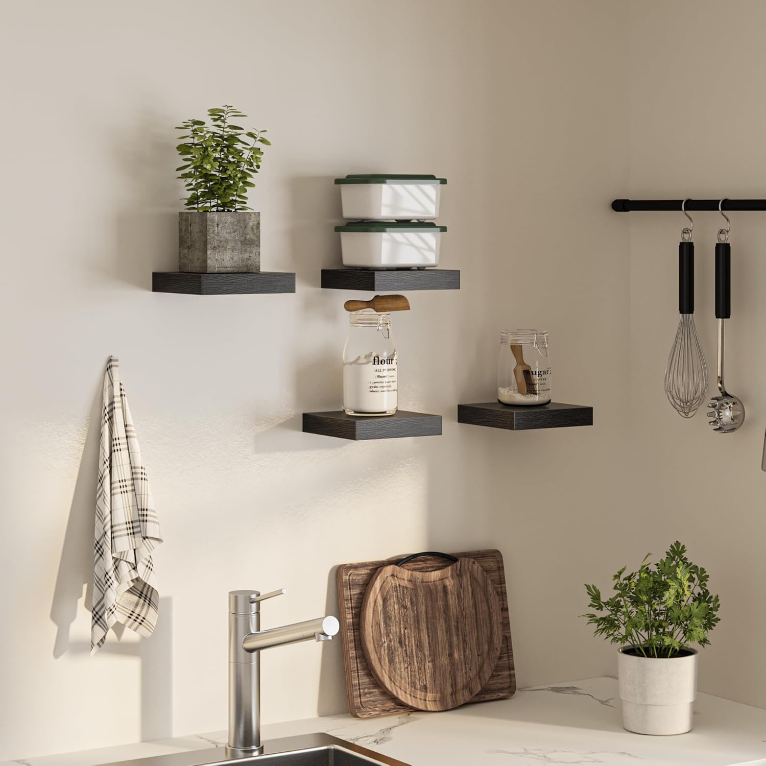 Square Floating Shelves for Wall, 8" W x 8" D x 1.2" H, Small Wooden Wall Mounted Display Shelves with Invisible Brackets for Living Room, Bedroom, Bathroom, Kitchen Decor, Set of 4, Black